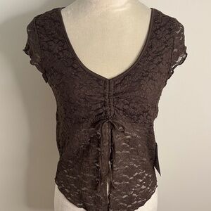 Elegant Lace V-Neck Blouse in Deep Brown